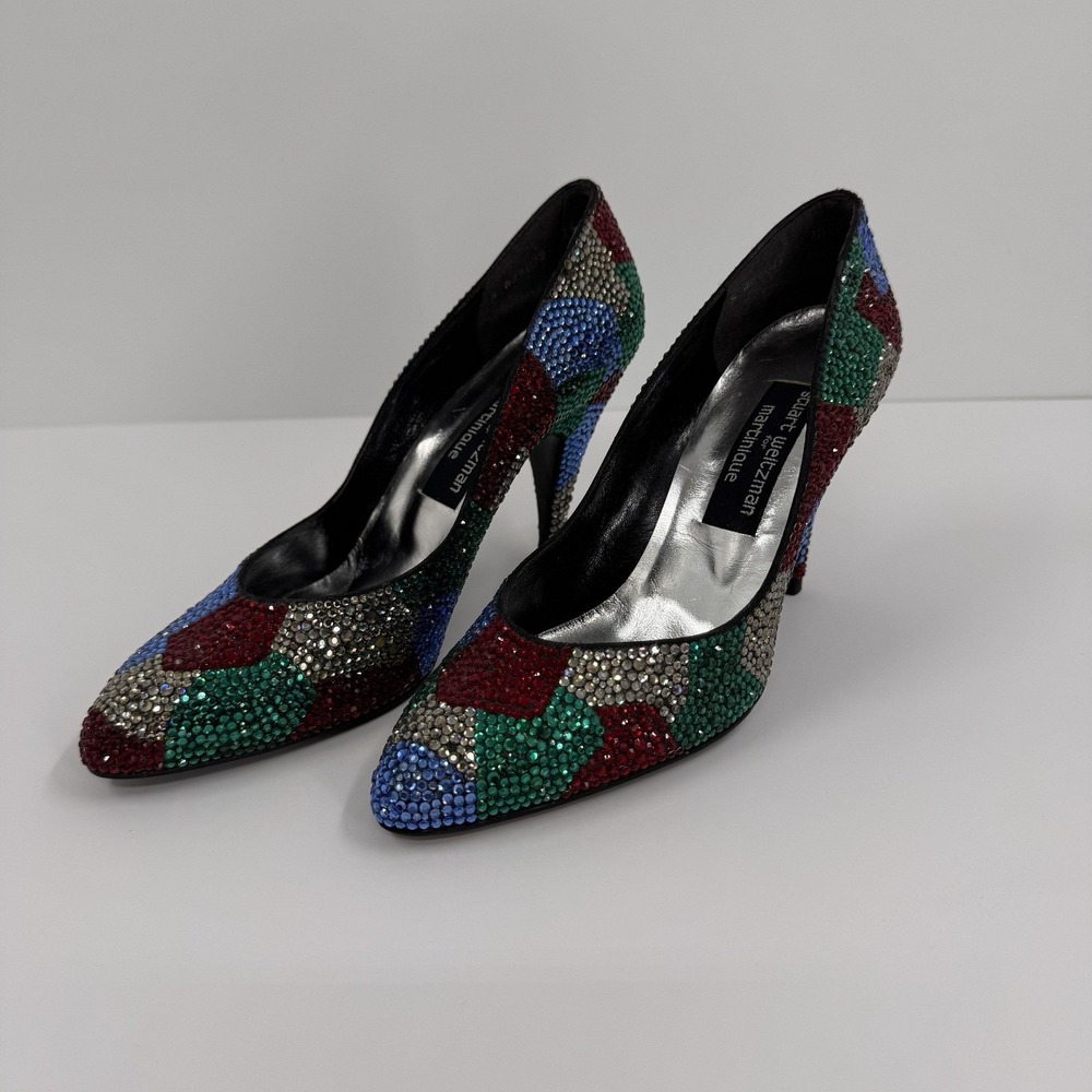 Stuart Weitzman Martinique Women's 7.5 Rhinestone Pump Multi Color Heels Leather
